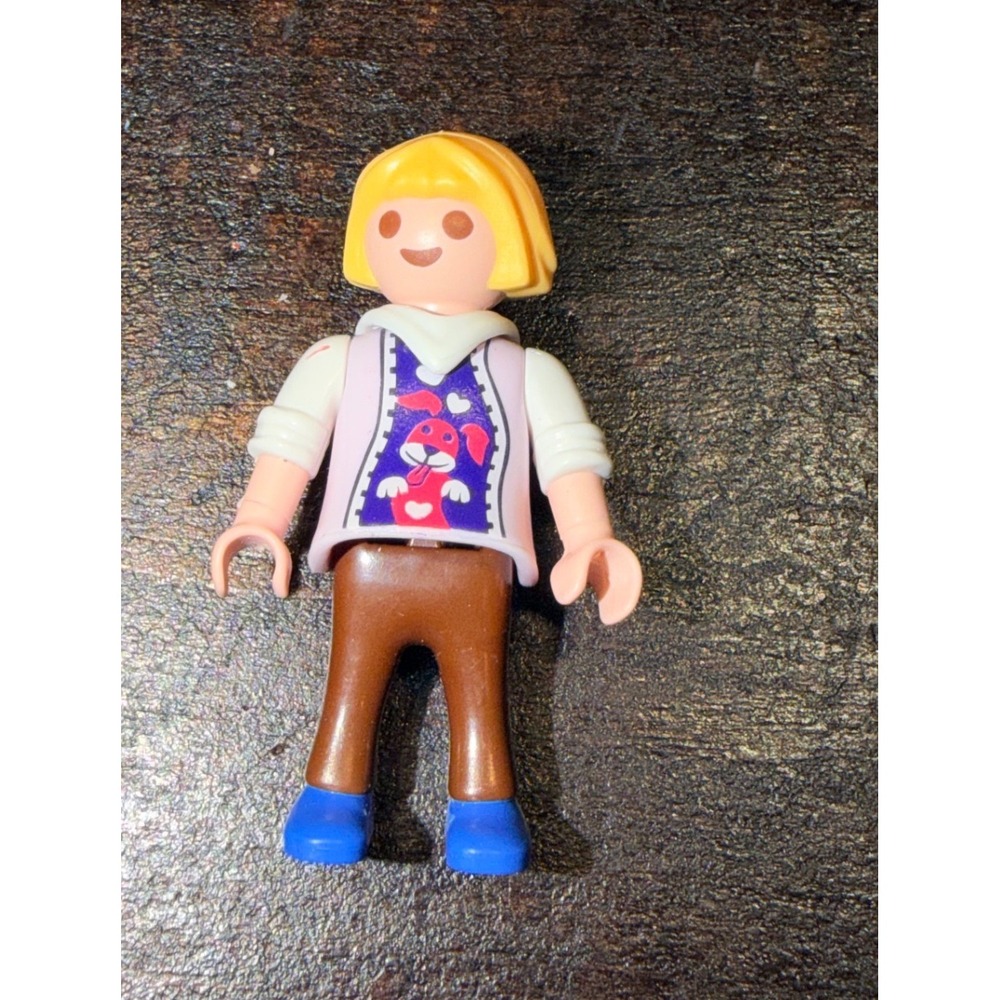 Playmobil Figure Blonde Hair‎ Pink Hooded Vest Red Dog Graphic Brown Pants